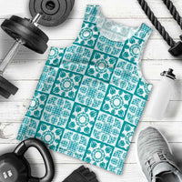 Cyan Palaka Quilt Hawaii Men Tank Top Hawaiian Tropical Monstera Sea Turtle LT14 - Polynesian Pride