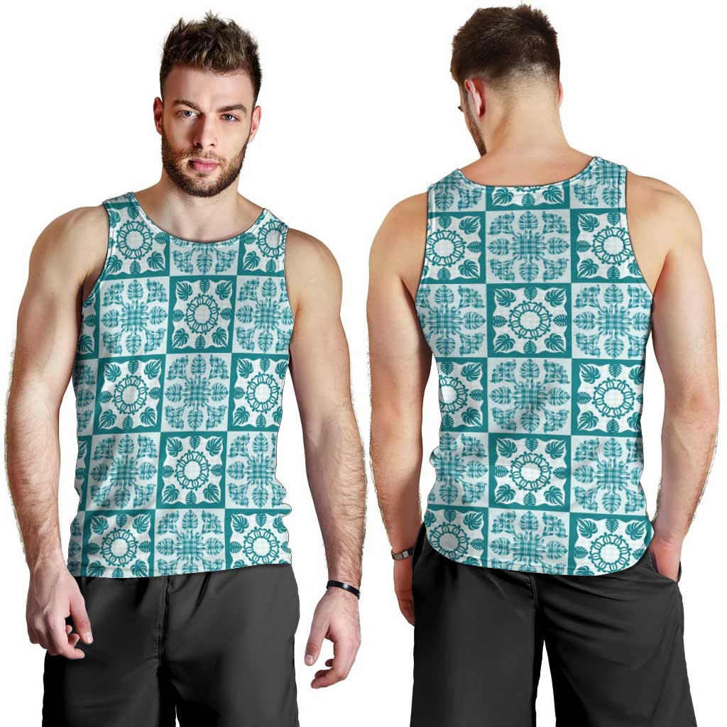 Cyan Palaka Quilt Hawaii Men Tank Top Hawaiian Tropical Monstera Sea Turtle LT14 - Polynesian Pride