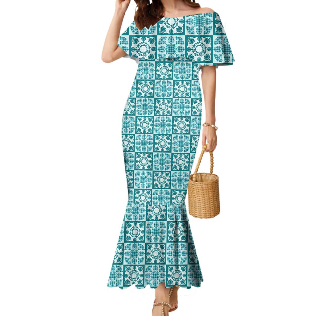 Cyan Palaka Quilt Hawaii Mermaid Dress Hawaiian Tropical Monstera Sea Turtle