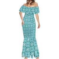 Cyan Palaka Quilt Hawaii Mermaid Dress Hawaiian Tropical Monstera Sea Turtle