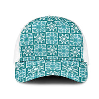 Cyan Palaka Quilt Hawaii Mesh Trucker Cap Hawaiian Tropical Monstera Sea Turtle LT14 One Size White Cyan - Polynesian Pride