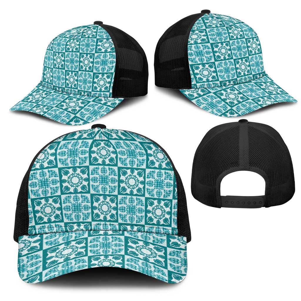 Cyan Palaka Quilt Hawaii Mesh Trucker Cap Hawaiian Tropical Monstera Sea Turtle LT14 - Polynesian Pride