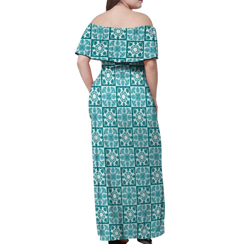 Cyan Palaka Quilt Hawaii Off Shoulder Maxi Dress Hawaiian Tropical Monstera Sea Turtle