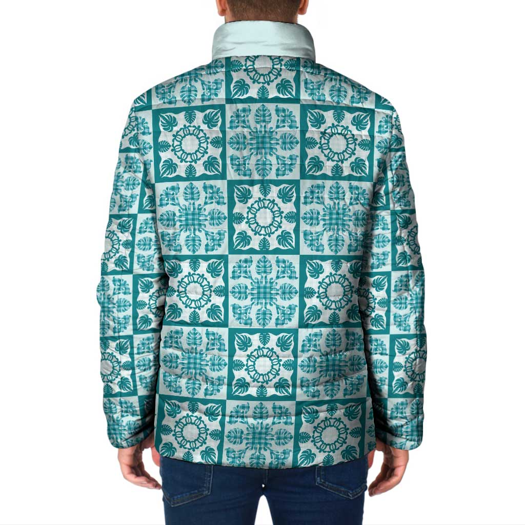 Cyan Palaka Quilt Hawaii Padded Jacket Hawaiian Tropical Monstera Sea Turtle LT14 - Polynesian Pride
