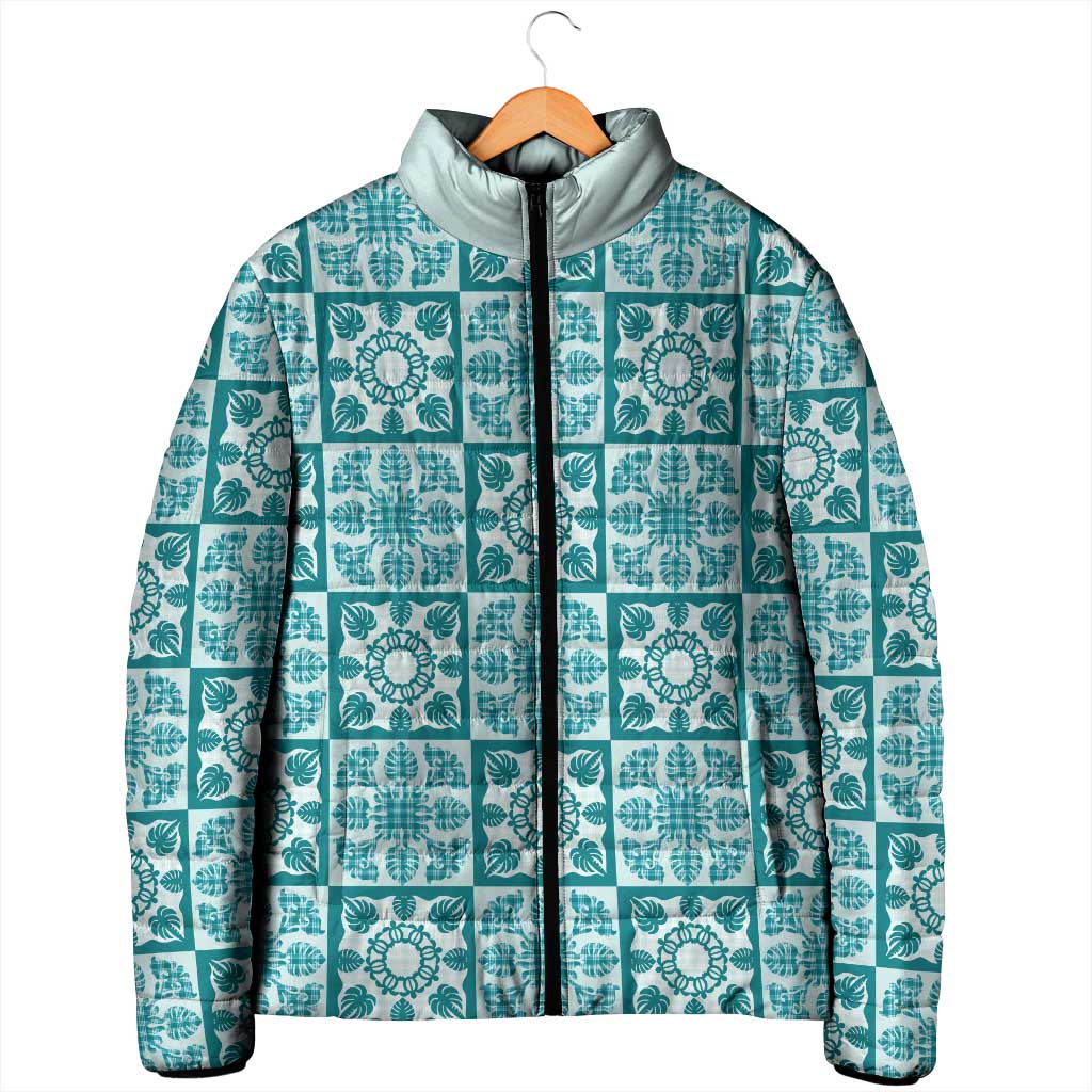 Cyan Palaka Quilt Hawaii Padded Jacket Hawaiian Tropical Monstera Sea Turtle LT14 - Polynesian Pride