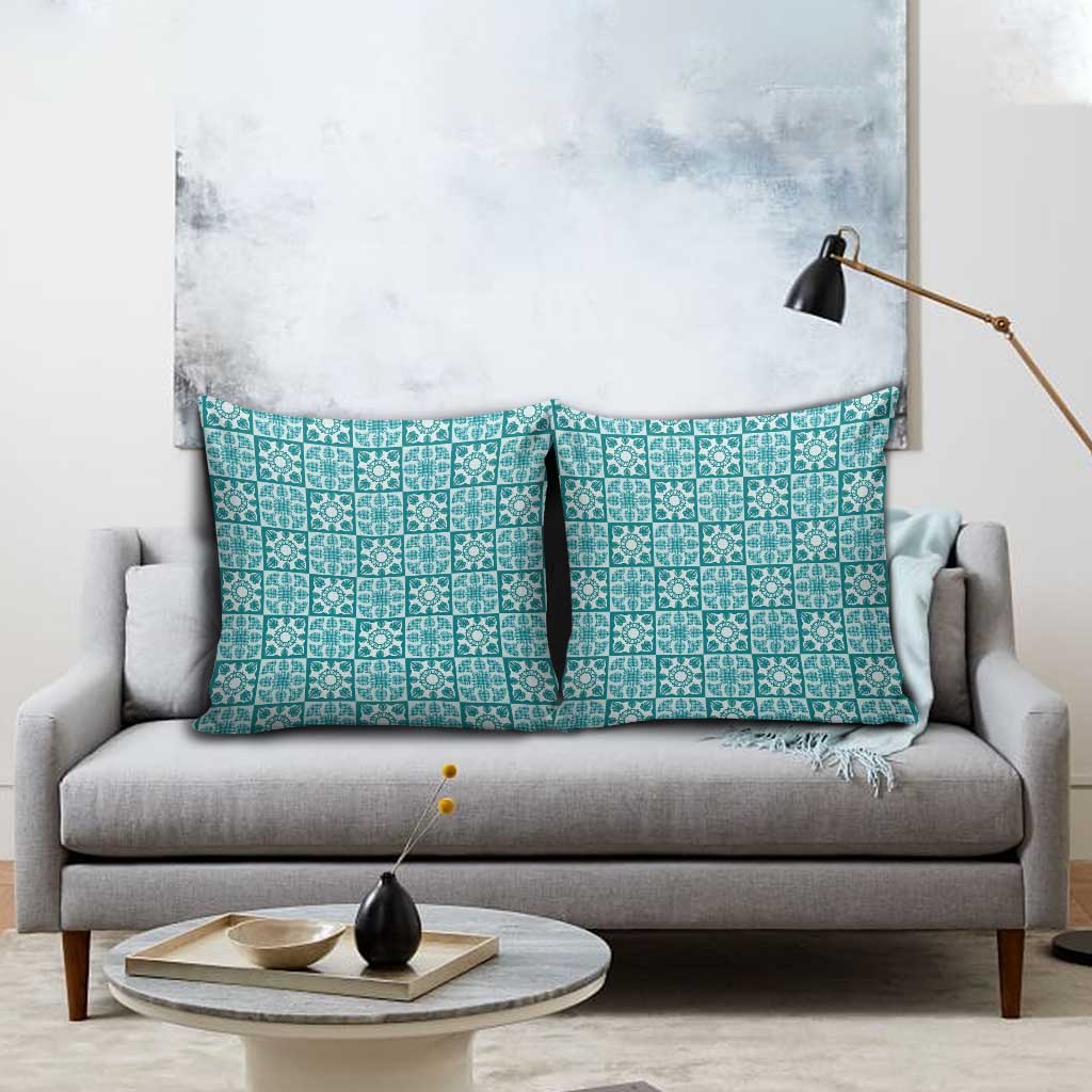 Cyan Palaka Quilt Hawaii Pillow Cover Hawaiian Tropical Monstera Sea Turtle