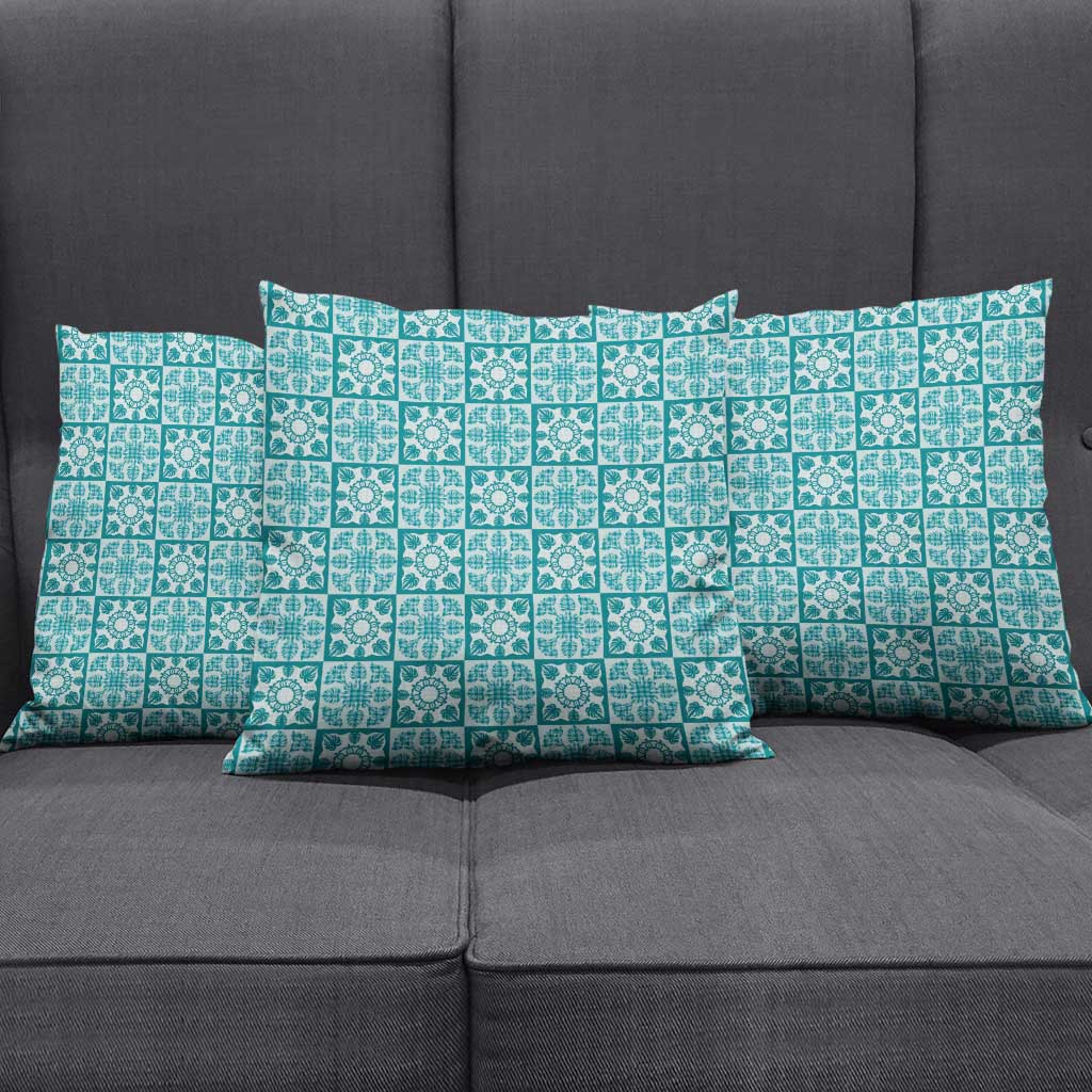 Cyan Palaka Quilt Hawaii Pillow Cover Hawaiian Tropical Monstera Sea Turtle