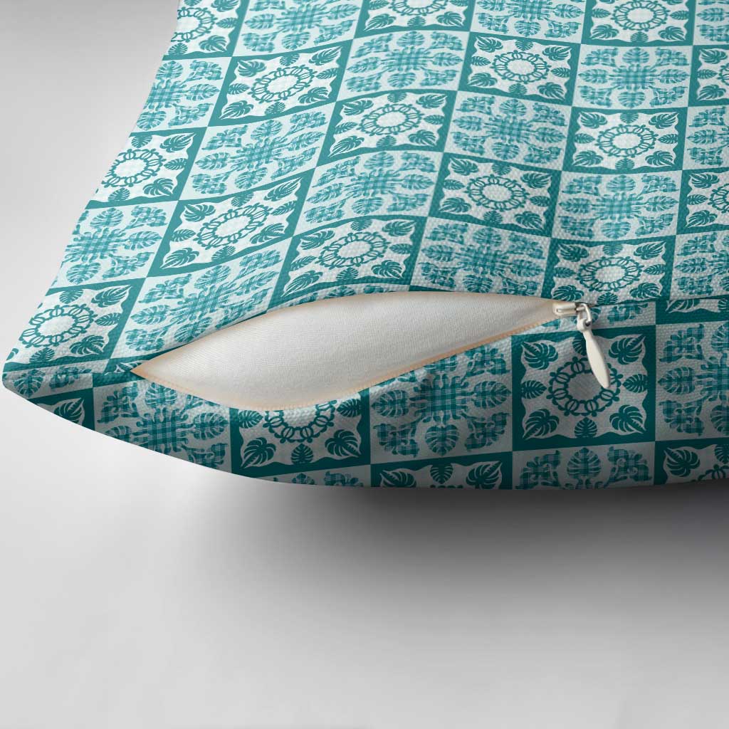 Cyan Palaka Quilt Hawaii Pillow Cover Hawaiian Tropical Monstera Sea Turtle