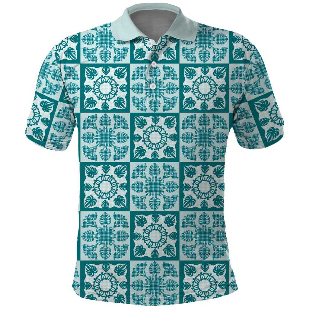 Cyan Palaka Quilt Hawaii Polo Shirt Hawaiian Tropical Monstera Sea Turtle LT14 Cyan - Polynesian Pride