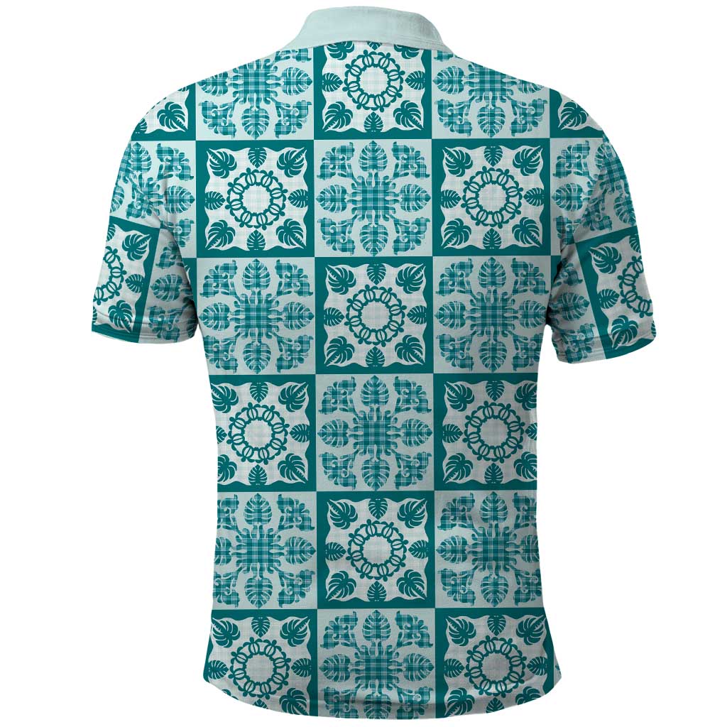 Cyan Palaka Quilt Hawaii Polo Shirt Hawaiian Tropical Monstera Sea Turtle LT14 - Polynesian Pride