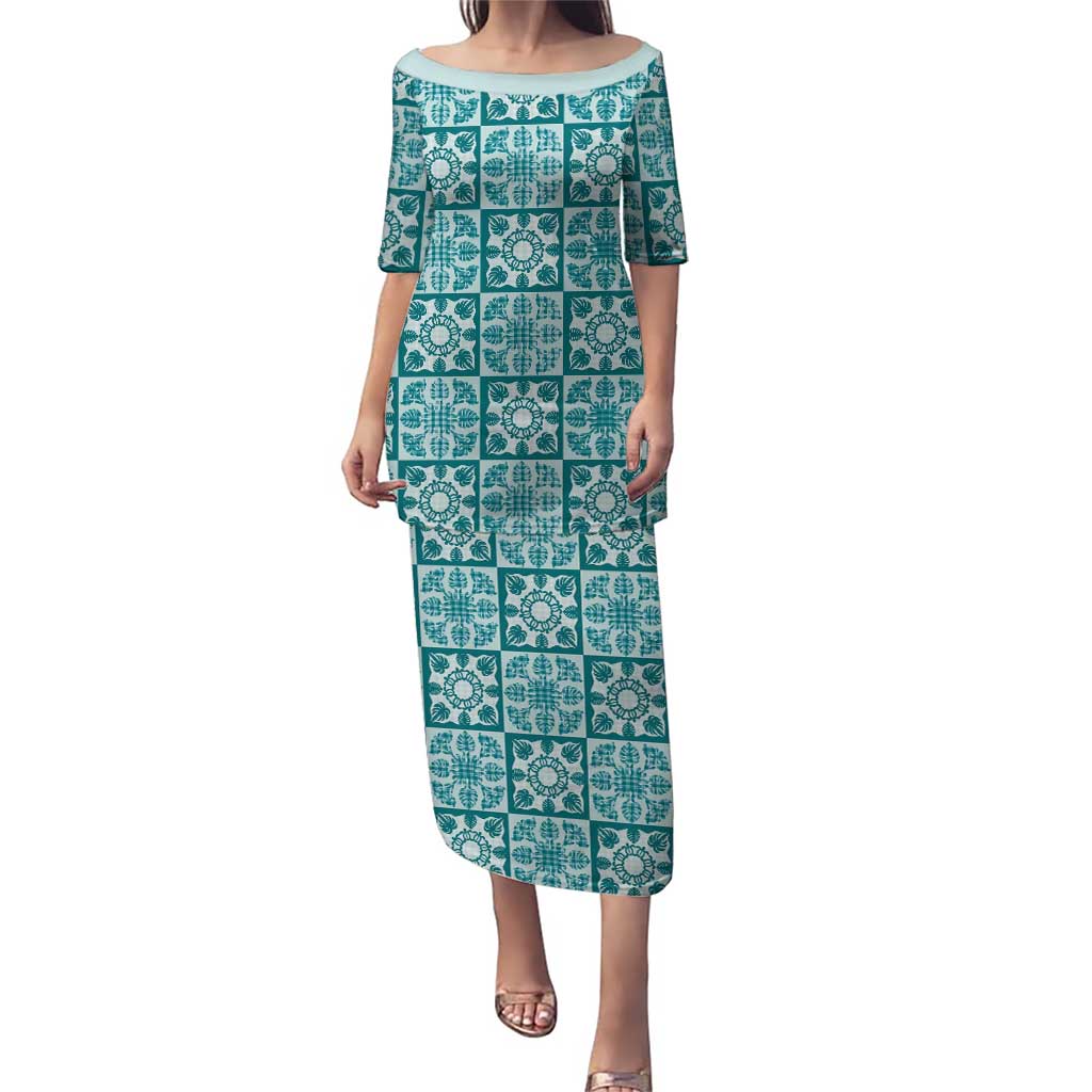 Cyan Palaka Quilt Hawaii Puletasi Hawaiian Tropical Monstera Sea Turtle LT14 Long Dress Cyan - Polynesian Pride