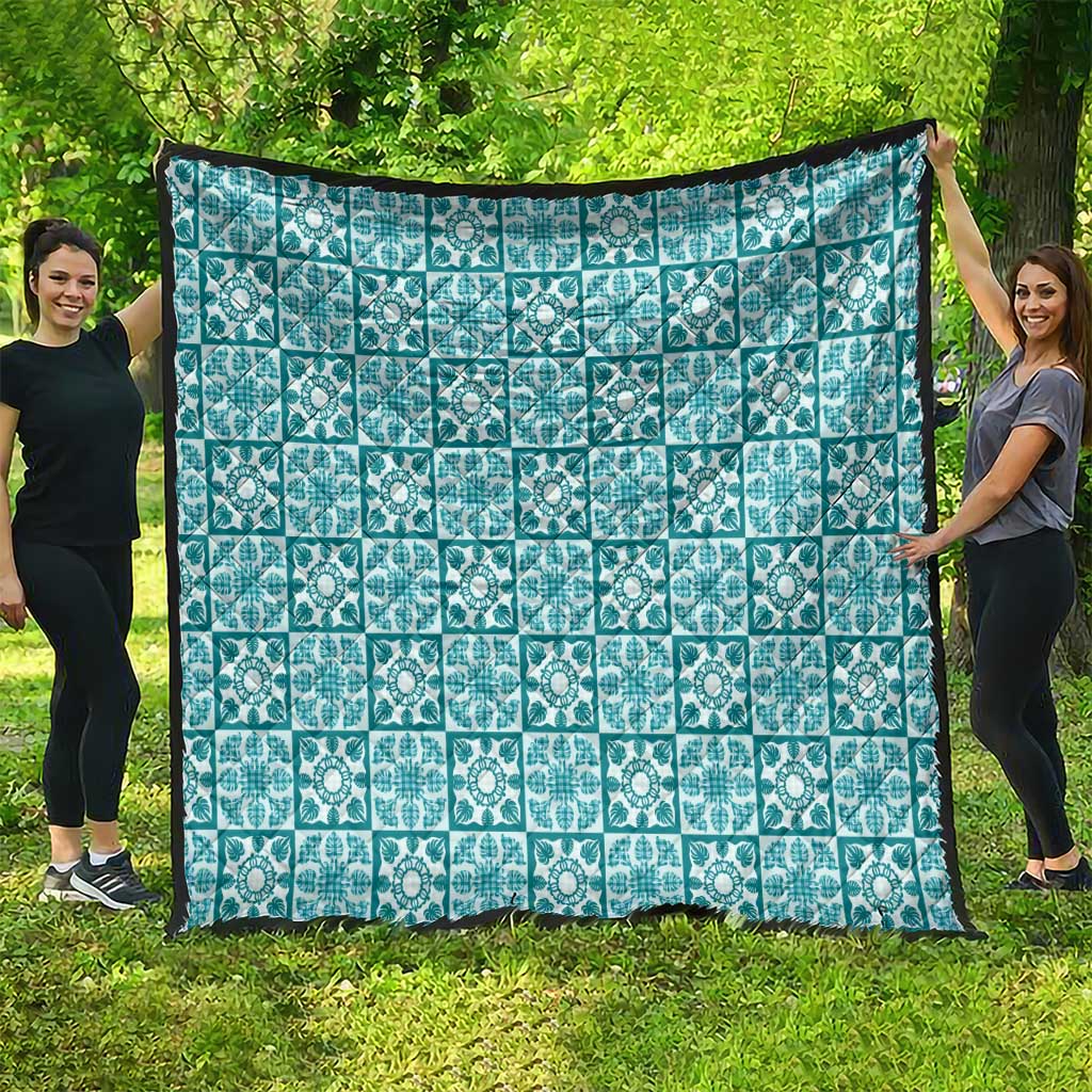 Cyan Palaka Quilt Hawaii Quilt Hawaiian Tropical Monstera Sea Turtle LT14 - Polynesian Pride