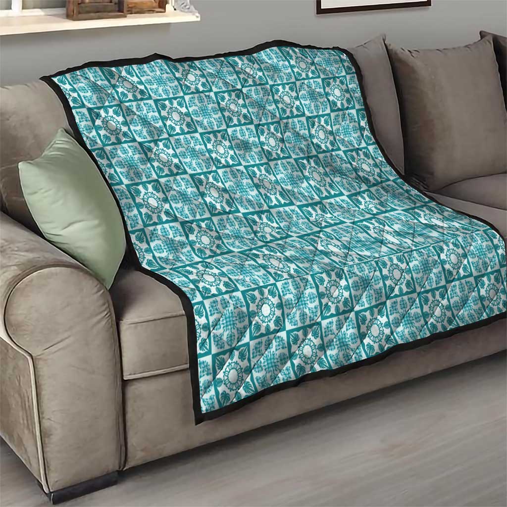 Cyan Palaka Quilt Hawaii Quilt Hawaiian Tropical Monstera Sea Turtle LT14 - Polynesian Pride