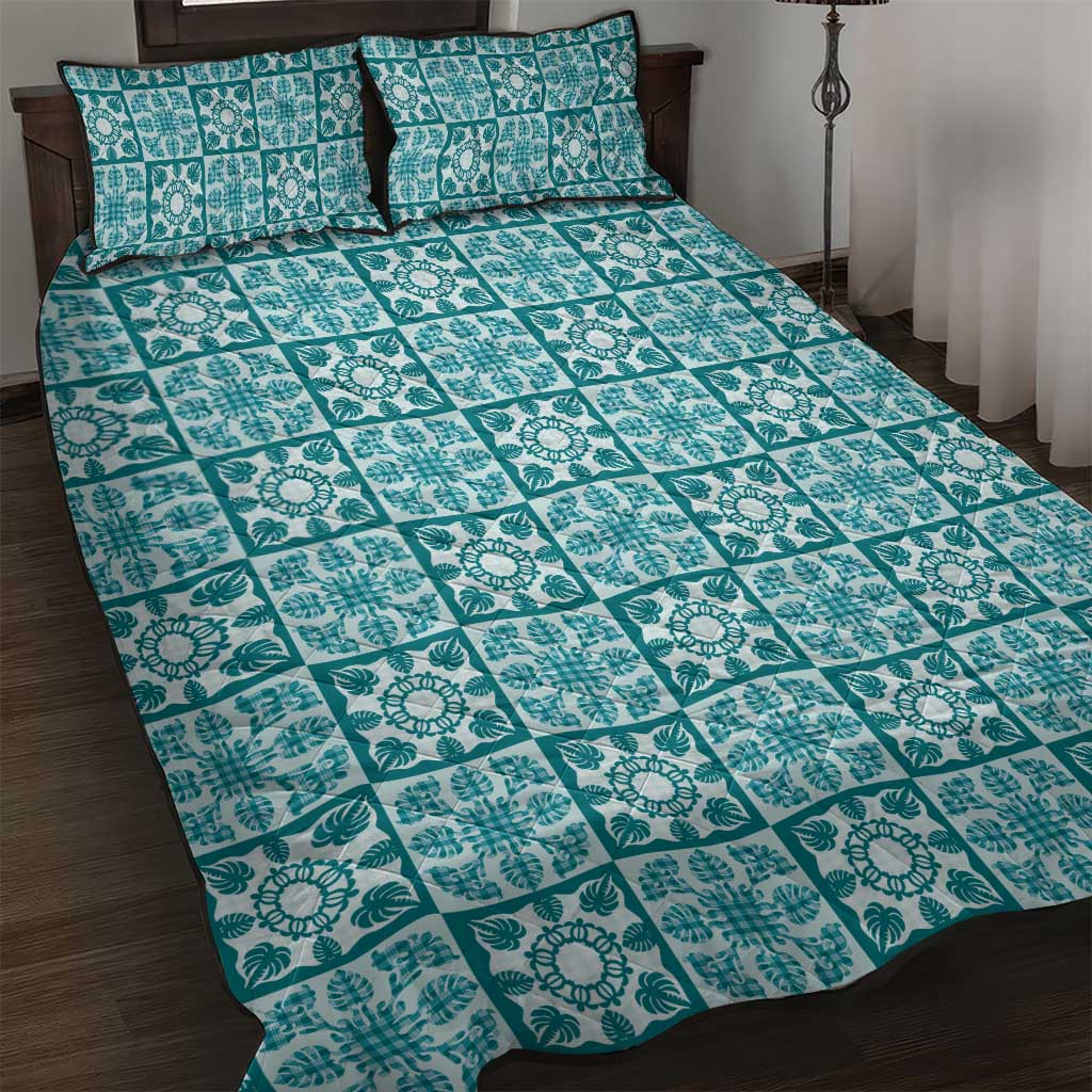 Cyan Palaka Quilt Hawaii Quilt Bed Set Hawaiian Tropical Monstera Sea Turtle LT14 Cyan - Polynesian Pride