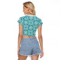 Cyan Palaka Quilt Hawaii Raglan Cropped T Shirt Hawaiian Tropical Monstera Sea Turtle LT14 - Polynesian Pride