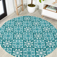 Cyan Palaka Quilt Hawaii Round Carpet Hawaiian Tropical Monstera Sea Turtle LT14 Cyan - Polynesian Pride