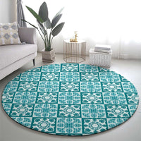 Cyan Palaka Quilt Hawaii Round Carpet Hawaiian Tropical Monstera Sea Turtle LT14 - Polynesian Pride