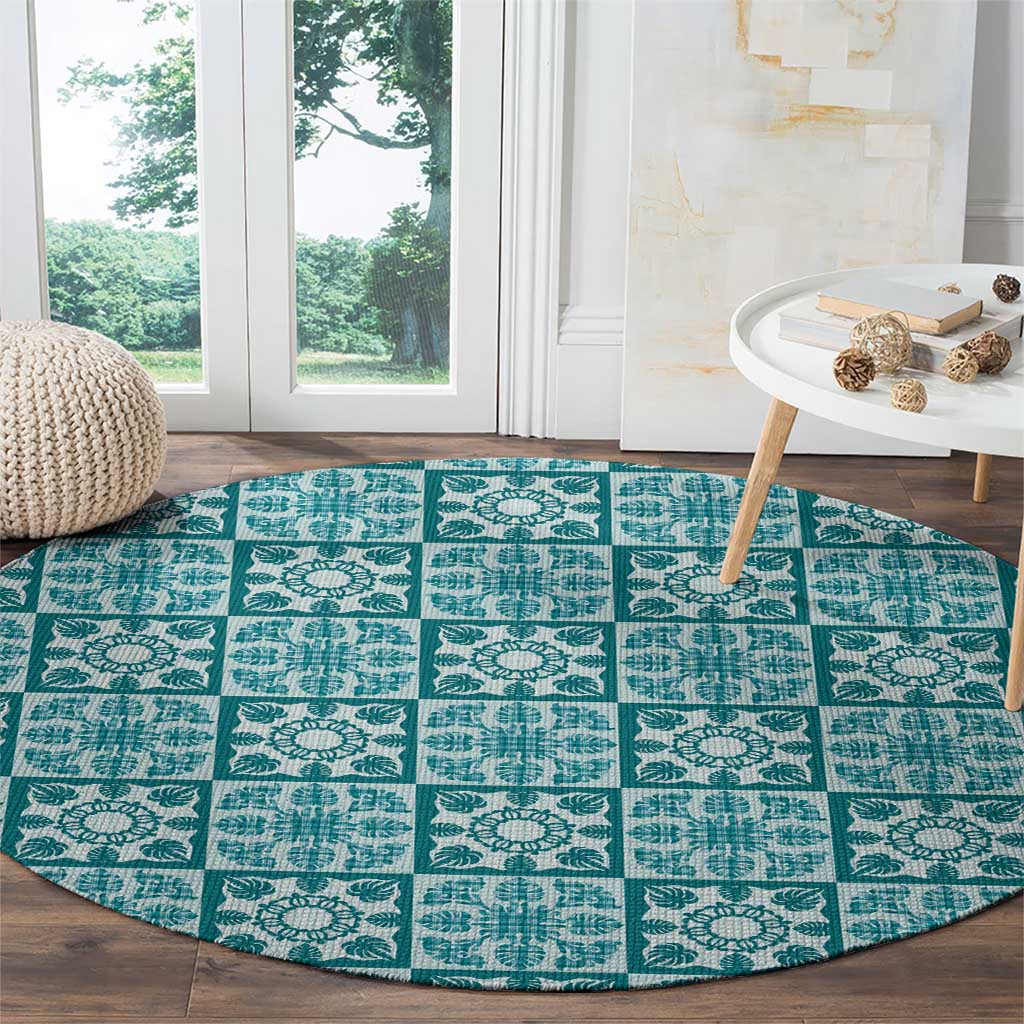 Cyan Palaka Quilt Hawaii Round Carpet Hawaiian Tropical Monstera Sea Turtle LT14 - Polynesian Pride