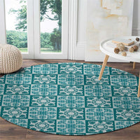 Cyan Palaka Quilt Hawaii Round Carpet Hawaiian Tropical Monstera Sea Turtle LT14 - Polynesian Pride