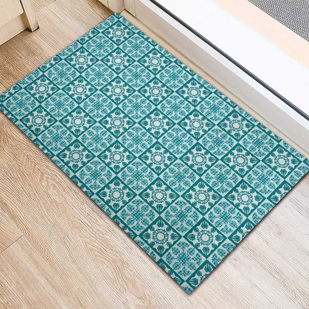 Cyan Palaka Quilt Hawaii Rubber Doormat Hawaiian Tropical Monstera Sea Turtle LT14 - Polynesian Pride