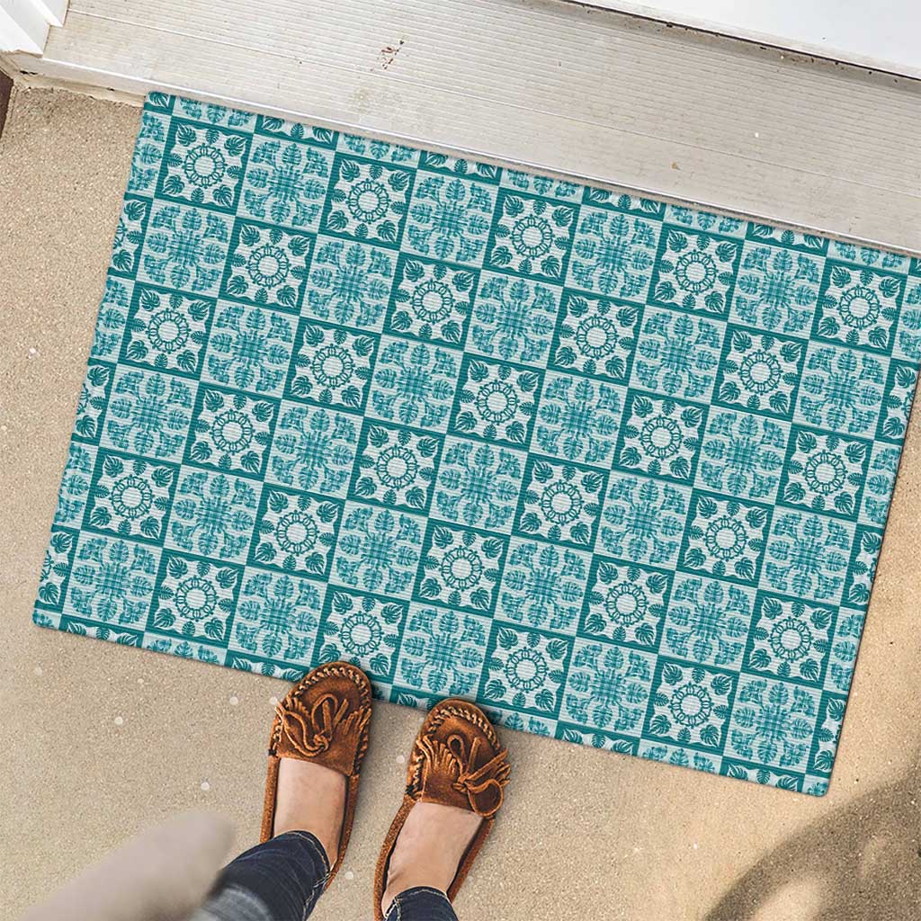 Cyan Palaka Quilt Hawaii Rubber Doormat Hawaiian Tropical Monstera Sea Turtle LT14 - Polynesian Pride