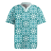 Cyan Palaka Quilt Hawaii Rugby Jersey Hawaiian Tropical Monstera Sea Turtle LT14 Cyan - Polynesian Pride