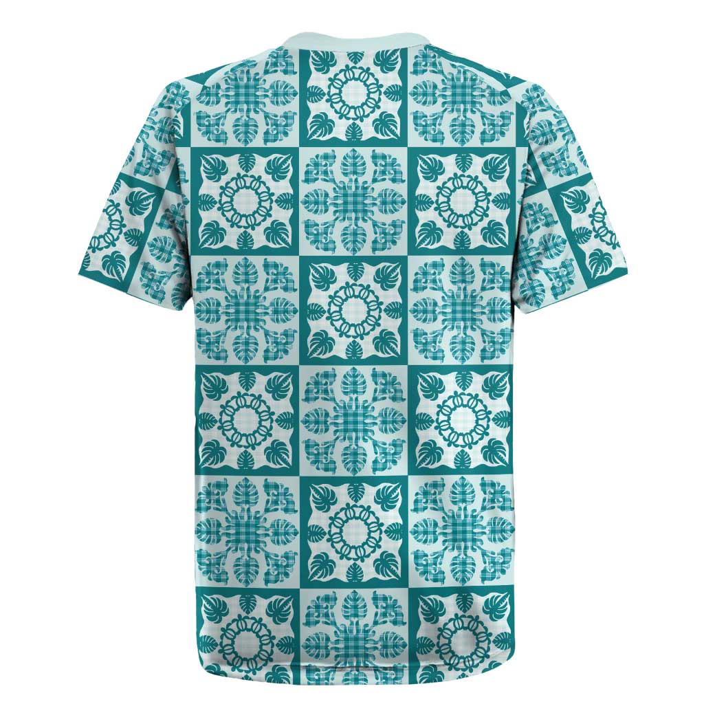 Cyan Palaka Quilt Hawaii Rugby Jersey Hawaiian Tropical Monstera Sea Turtle LT14 - Polynesian Pride
