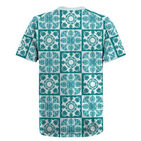 Cyan Palaka Quilt Hawaii Rugby Jersey Hawaiian Tropical Monstera Sea Turtle LT14 - Polynesian Pride