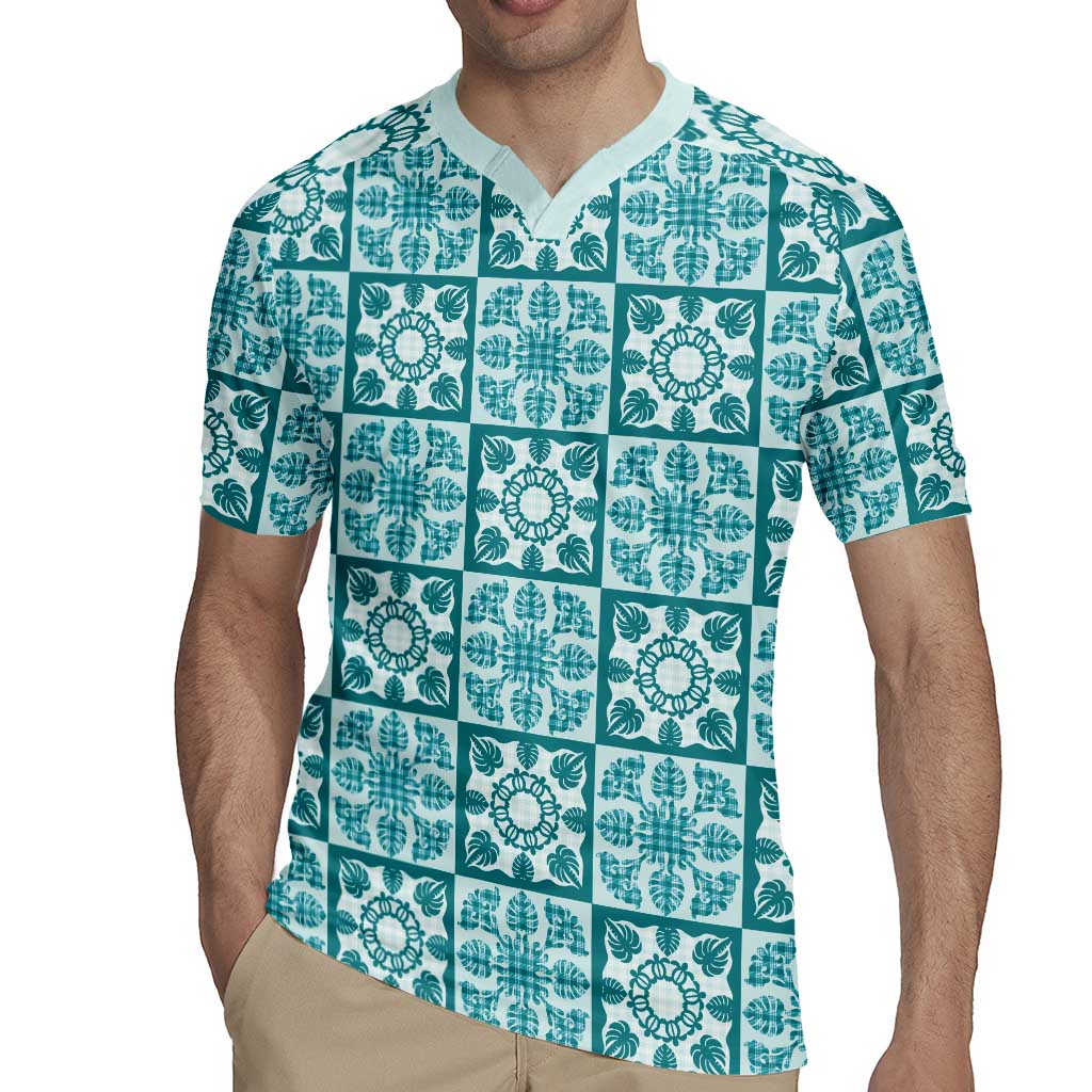 Cyan Palaka Quilt Hawaii Rugby Jersey Hawaiian Tropical Monstera Sea Turtle LT14 - Polynesian Pride