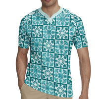 Cyan Palaka Quilt Hawaii Rugby Jersey Hawaiian Tropical Monstera Sea Turtle LT14 - Polynesian Pride