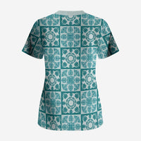Cyan Palaka Quilt Hawaii Scrub Top Hawaiian Tropical Monstera Sea Turtle LT14 - Polynesian Pride
