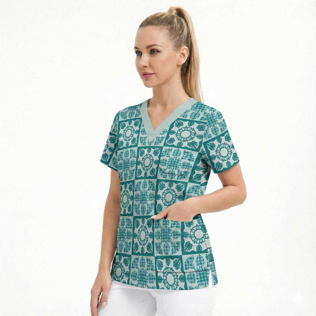 Cyan Palaka Quilt Hawaii Scrub Top Hawaiian Tropical Monstera Sea Turtle LT14 - Polynesian Pride