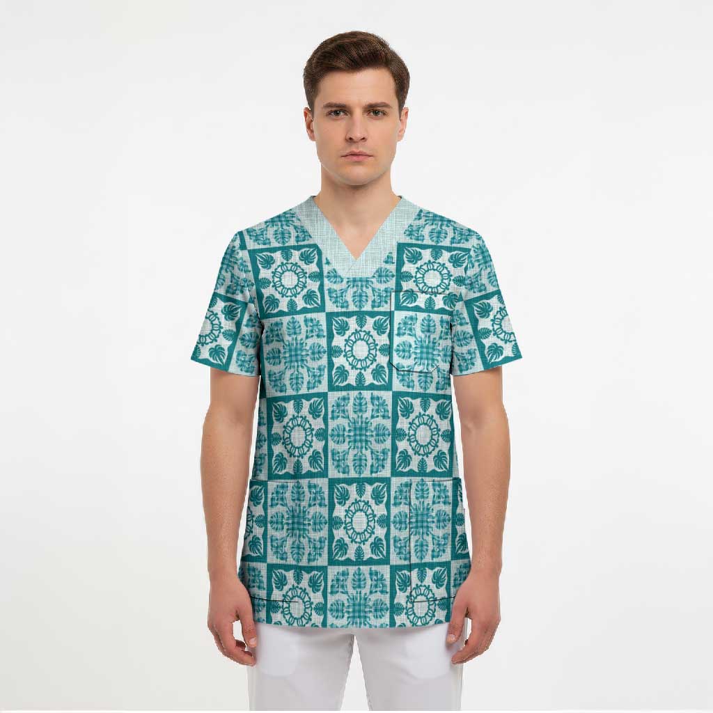 Cyan Palaka Quilt Hawaii Scrub Top Hawaiian Tropical Monstera Sea Turtle LT14 - Polynesian Pride