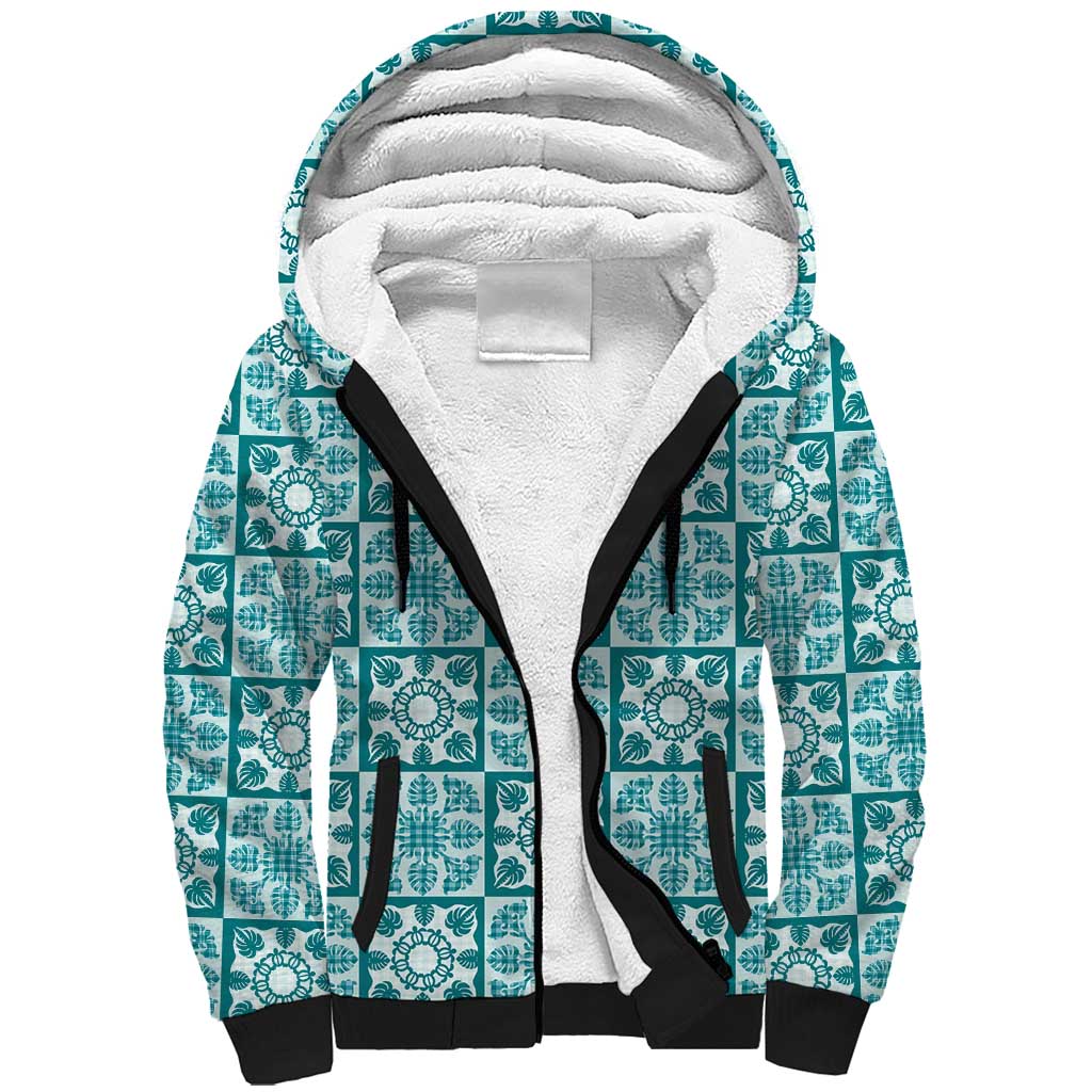 Cyan Palaka Quilt Hawaii Sherpa Hoodie Hawaiian Tropical Monstera Sea Turtle LT14 Unisex Cyan - Polynesian Pride