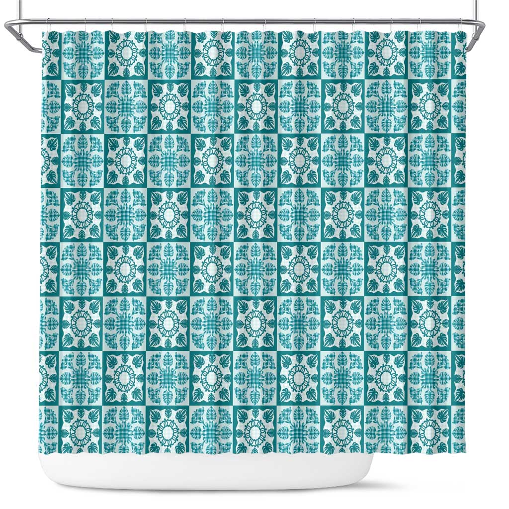 Cyan Palaka Quilt Hawaii Shower Curtain Hawaiian Tropical Monstera Sea Turtle LT14 Cyan - Polynesian Pride