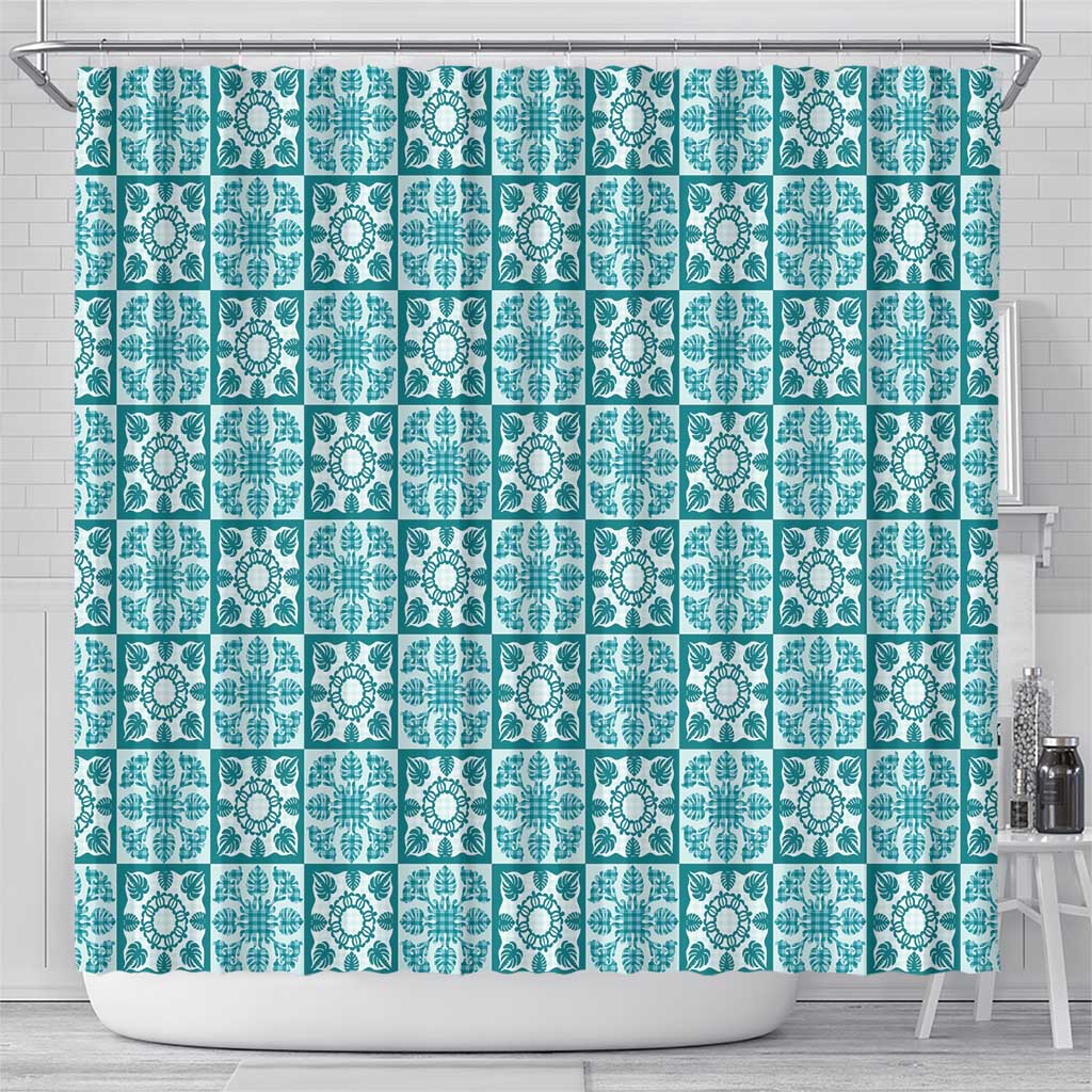 Cyan Palaka Quilt Hawaii Shower Curtain Hawaiian Tropical Monstera Sea Turtle LT14 - Polynesian Pride