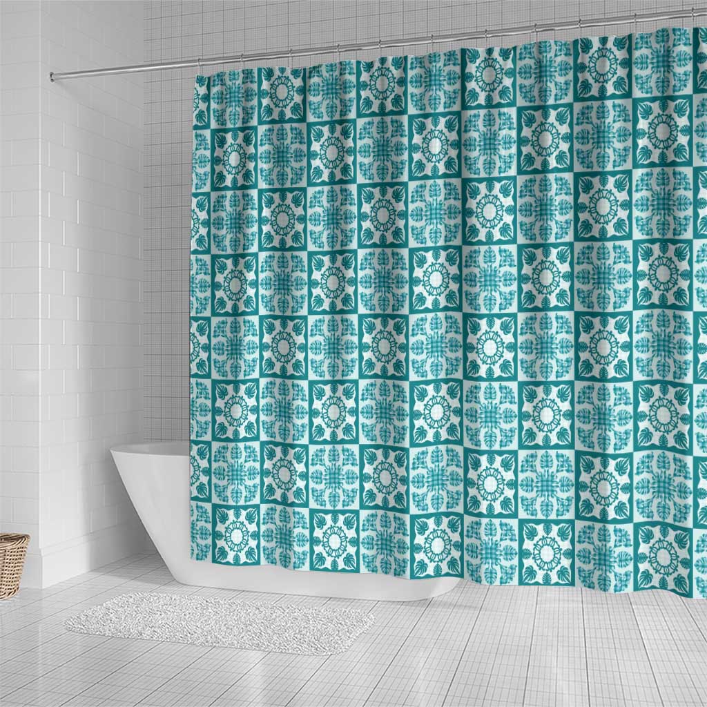 Cyan Palaka Quilt Hawaii Shower Curtain Hawaiian Tropical Monstera Sea Turtle LT14 - Polynesian Pride