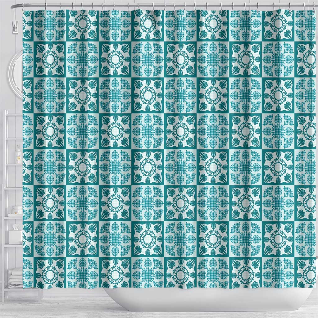 Cyan Palaka Quilt Hawaii Shower Curtain Hawaiian Tropical Monstera Sea Turtle LT14 - Polynesian Pride