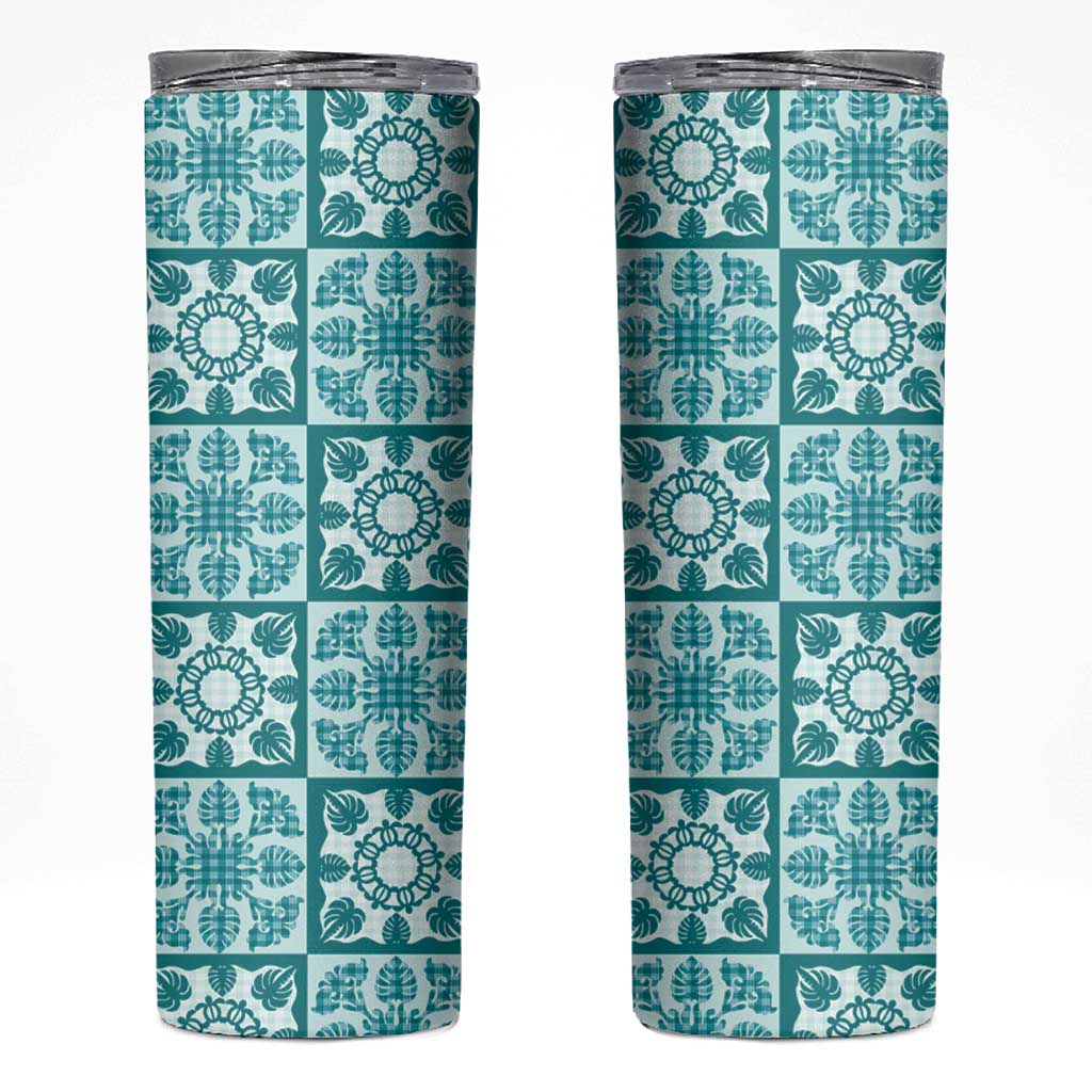 Cyan Palaka Quilt Hawaii Skinny Tumbler Hawaiian Tropical Monstera Sea Turtle