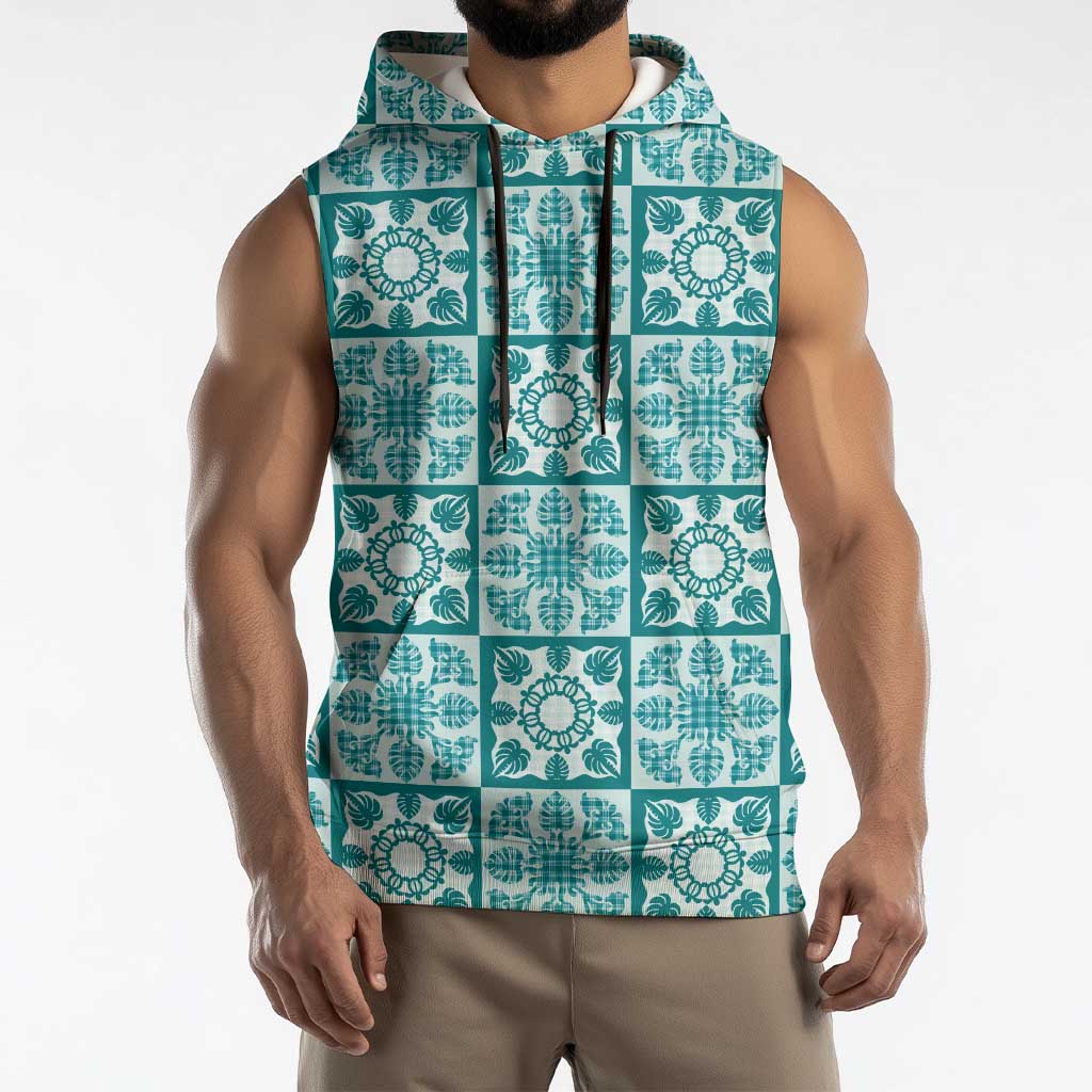 Cyan Palaka Quilt Hawaii Sleeveless Hoodie Hawaiian Tropical Monstera Sea Turtle LT14 - Polynesian Pride