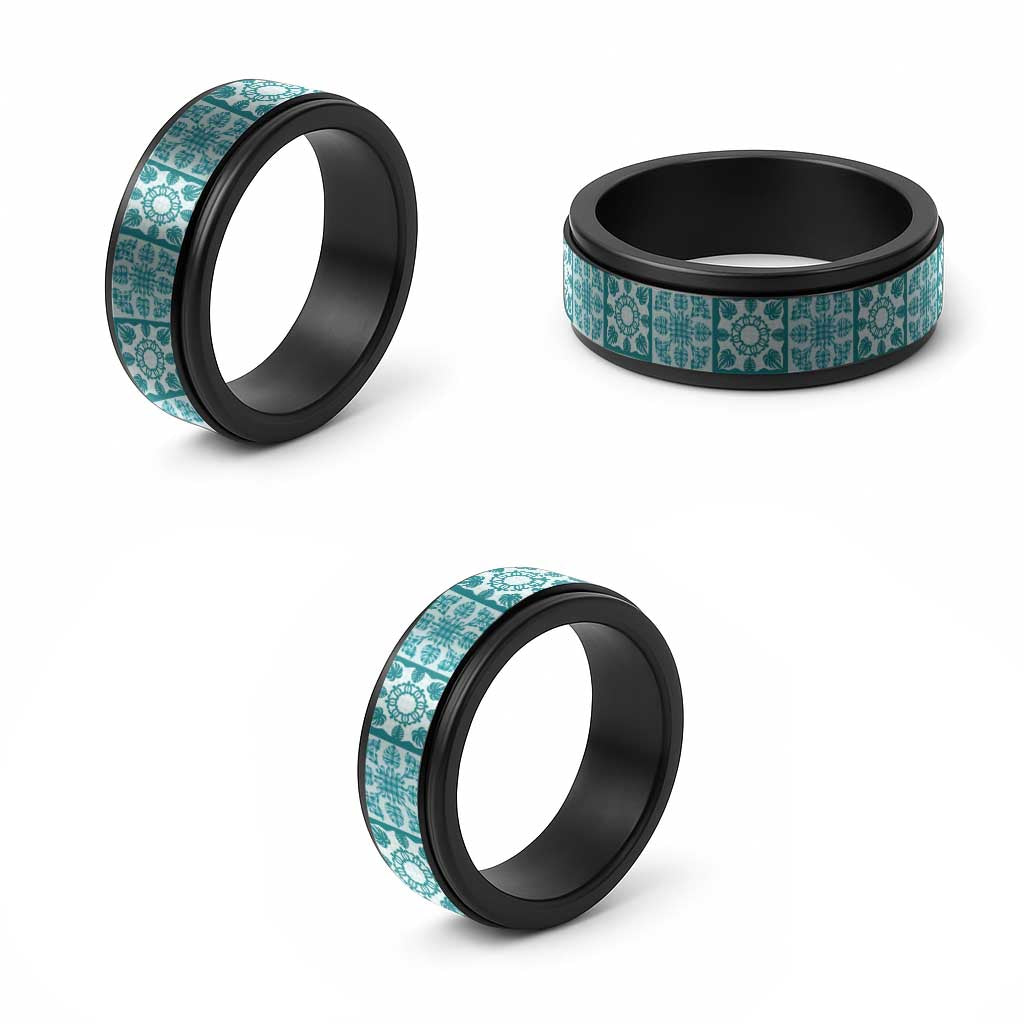Cyan Palaka Quilt Hawaii Spinner Ring Hawaiian Tropical Monstera Sea Turtle