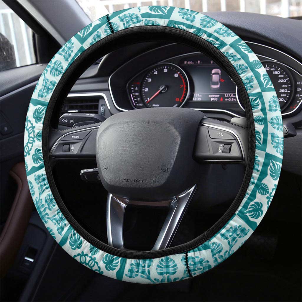 Cyan Palaka Quilt Hawaii Steering Wheel Cover Hawaiian Tropical Monstera Sea Turtle LT14 - Polynesian Pride