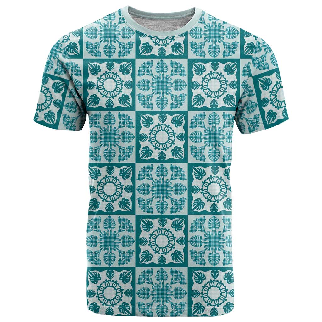 Cyan Palaka Quilt Hawaii T Shirt Hawaiian Tropical Monstera Sea Turtle LT14 Cyan - Polynesian Pride