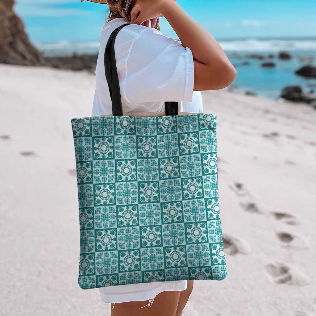Cyan Palaka Quilt Hawaii Tote Bag Hawaiian Tropical Monstera Sea Turtle LT14 - Polynesian Pride