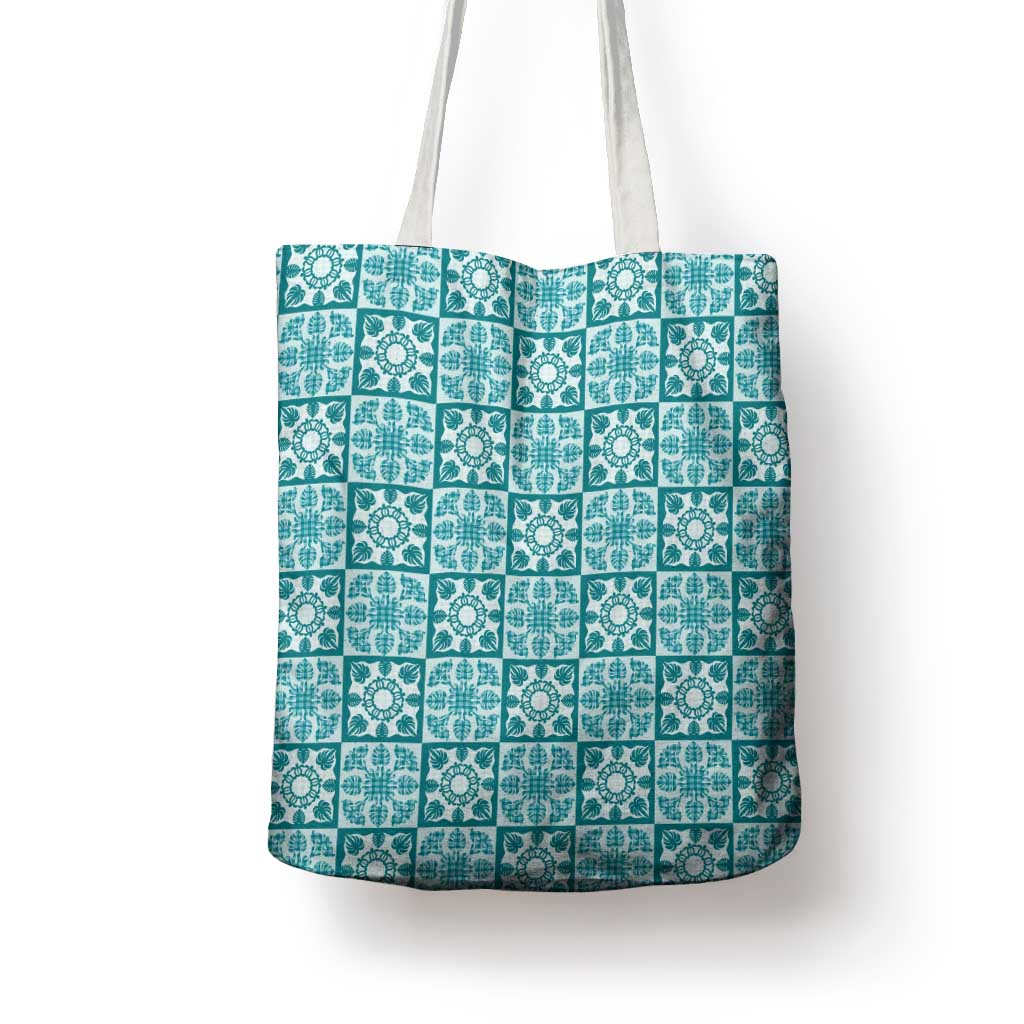 Cyan Palaka Quilt Hawaii Tote Bag Hawaiian Tropical Monstera Sea Turtle LT14 - Polynesian Pride