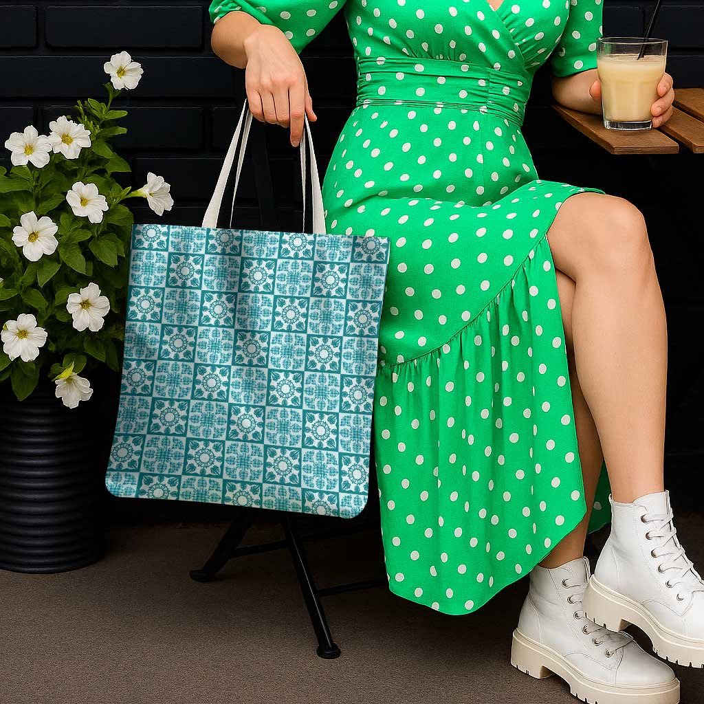 Cyan Palaka Quilt Hawaii Tote Bag Hawaiian Tropical Monstera Sea Turtle LT14 - Polynesian Pride