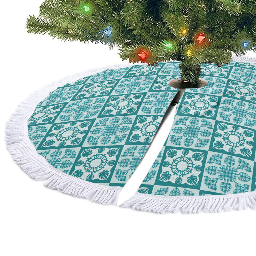 Cyan Palaka Quilt Hawaii Tree Skirt Hawaiian Tropical Monstera Sea Turtle LT14 - Polynesian Pride