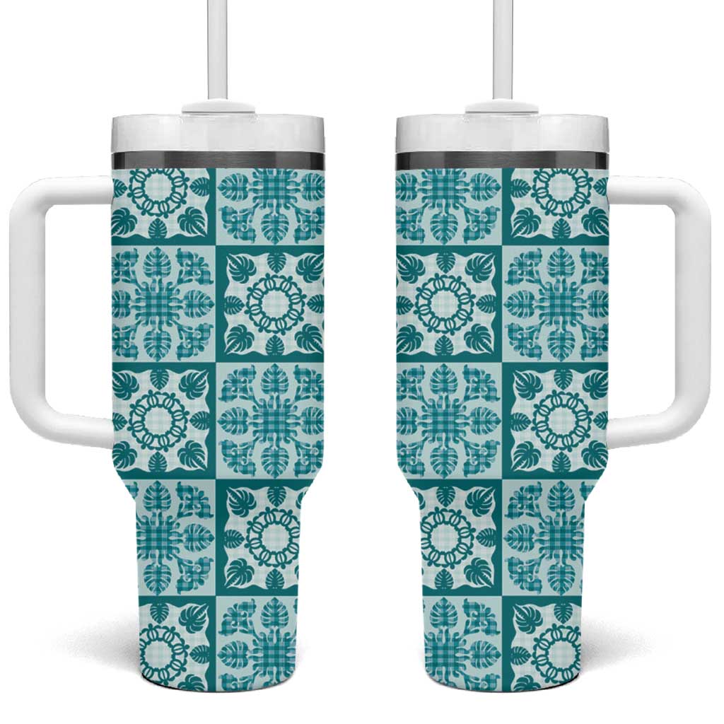 Cyan Palaka Quilt Hawaii Tumbler With Handle Hawaiian Tropical Monstera Sea Turtle LT14 One Size: 40 oz Cyan - Polynesian Pride