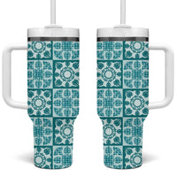 Cyan Palaka Quilt Hawaii Tumbler With Handle Hawaiian Tropical Monstera Sea Turtle LT14 One Size: 40 oz Cyan - Polynesian Pride