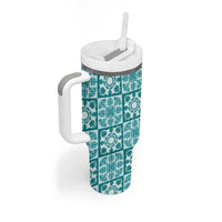 Cyan Palaka Quilt Hawaii Tumbler With Handle Hawaiian Tropical Monstera Sea Turtle LT14 - Polynesian Pride